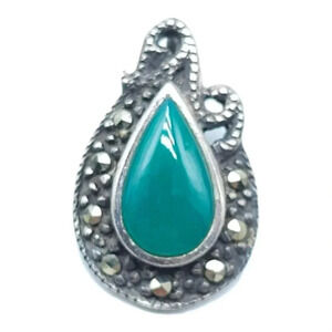 Teardrop Green Onyx Marcasite Gemstone Pendant Sterling Silver Vintage